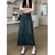 批发现货#大码牛仔半身裙女胖mm宽松高腰遮胯显瘦梨形身材中长款a字裙