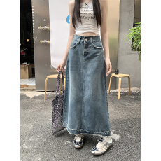 批发#大码女装复古做旧宽松牛仔半身裙秋<b class='q'>冬</b>新款高腰毛边a字中长裙