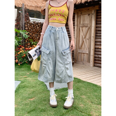 批发网图美式高街牛仔<b class='q'>七分裤</b>女<b class='q'>男</b>夏季潮流宽松阔腿裤水洗做旧工装<b class='q'>短裤</b>