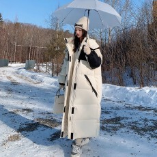 批发黑白撞色羽绒棉服工装棉衣女长款过膝韩国新款宽松东大门潮牌棉服