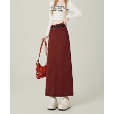 批发<b class='q'>秋</b>季复古高腰安可拉红色毛边大码牛仔长裙女裙开叉半身裙网图