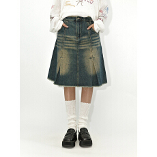 批发美式复古<b class='q'>牛仔</b>半身裙女2025年夏季高腰显瘦褶皱a字包臀裙