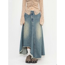 批发美式复古不规则设计感牛仔半身裙女2025新款做旧a字长裙