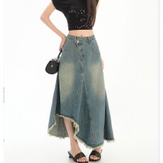 批发美式复古不规则设计感牛仔半身裙女2025新款做旧a字长裙