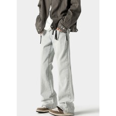 批发美式复古黄泥微喇<b class='q'>牛仔裤</b>男女款秋冬季高街vibe裤子修身直筒裤