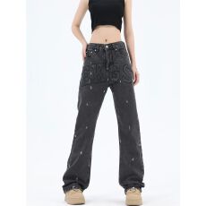 批发外贸爆款<b class='q'>秋</b>冬潮牌漆点牛仔裤女高级感直筒宽松韩版休闲阔腿裤