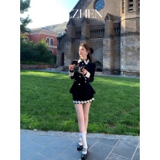 批发AZZHEN【暗香花榭】秋冬千金套装女小香风蕾丝拼接外套半裙羽绒服