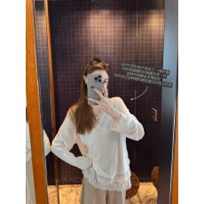 批发钱美西 叠穿超仙两层睫毛蕾丝拼接长袖V领打底衫宽松休闲上衣女