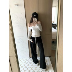 批发titi小姐姐【钓系美学】长袖T恤<b class='q'>白</b>色修身一字肩纯欲上衣+<b class='q'>裤子</b>套装