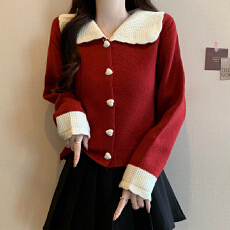 批发新款甜美翻领荷叶边拼色红色毛衣开衫<b class='q'>外套</b><b class='q'>女装</b>秋冬季宽松针织上衣