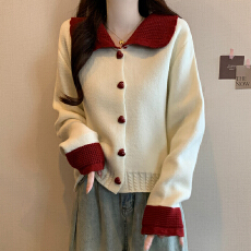 批发甜美翻领荷叶边拼色红色毛衣开衫<b class='q'>外套</b><b class='q'>女装</b>新款秋冬季宽松针织上衣