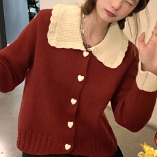 批发甜美翻领荷叶边拼色红色毛衣开衫<b class='q'>外套</b>秋冬季宽松针织上衣新款<b class='q'>女装</b>