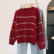 批发实拍法式温柔风亮片圆领新年红毛衣女<b class='q'>秋</b>冬新款宽松针织打底衫上衣