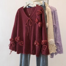 实拍法式花朵新年红色毛衣外套秋冬新款宽松百搭显瘦洋气针织上衣