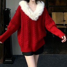 批发复古慵懒蝙蝠袖V领毛领针织衫女秋冬季<b class='q'>宽松</b>气质高级感新年红毛衣
