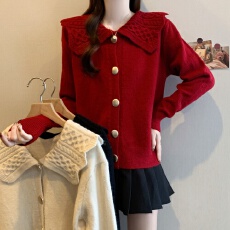 批发<b class='q'>实拍</b>女装娃娃领学院风针织开衫秋冬小香风别致红色毛衣衫<b class='q'>外套</b>上衣
