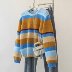 批发实拍新年穿搭彩色撞色<b class='q'>条纹</b>毛衣秋冬洋气显瘦慵懒风百搭针织上衣女