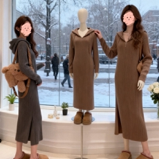 批发法式慵懒连帽针织<b class='q'>连衣裙</b>女秋冬新款高级感宽松显瘦新年穿搭毛衣裙