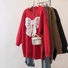 批发实拍新年穿搭红色针织<b class='q'>连衣裙</b>秋冬新款蕾丝<b class='q'>蝴蝶结</b>中长款毛衣裙子女