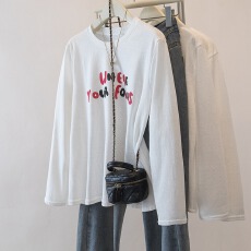 批发实拍女<b class='q'>装</b>2026春季新款彩色字母印花长袖T恤宽松休闲百搭遮肚上衣