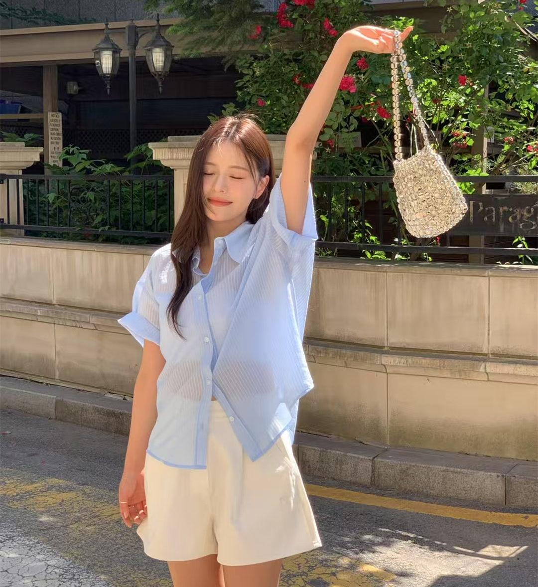 있음 선적 느긋한 바람 부드러운 소녀 Seersucker 질감 센스 배색 스트라이프 다용도 루즈핏 반팔 셔츠