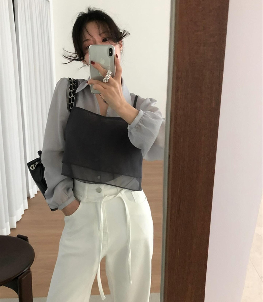 ins 한 부서 작은 대중 디자인 센스 더블 계단식 착용 마이크로 ~을 통해 망사 이후 단추 다용도 캐미솔 삼색