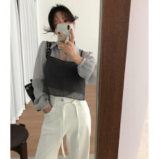 批发INS  韩系小众<b class='q'>设计</b>感双层叠穿微透网纱后排扣百搭吊带背心  三色