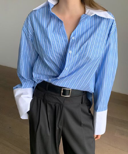 있음 선적 느긋한 캐주얼 바람 스트라이프 디자인 센스 배색 패치워크 폴로 칼라 루즈핏 다용도 긴팔 셔츠 삼색