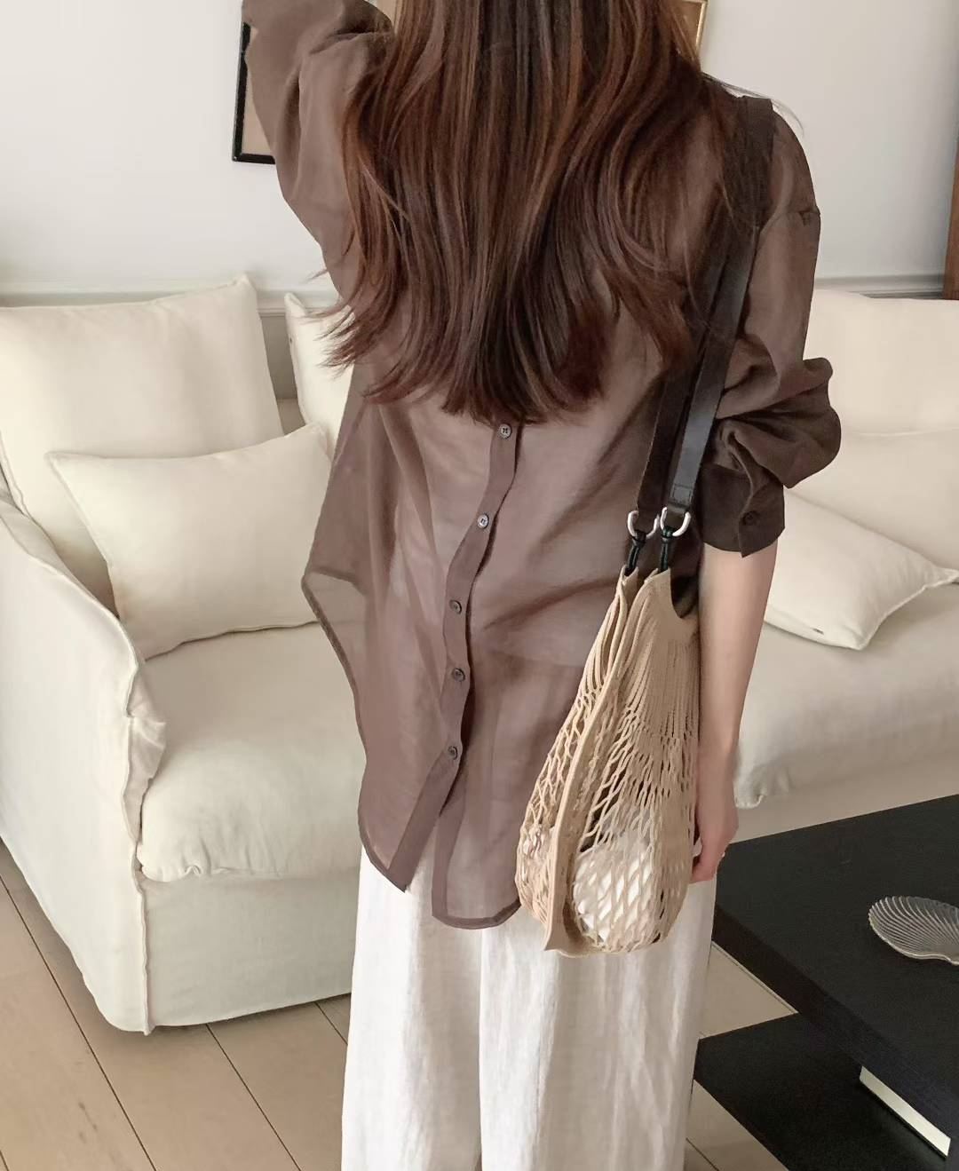 있음 선적 느긋한 바람 품격 폴로 칼라 작은 대중 이후 단추 트임 디자인 마이크로 하늘을 통해 실크 긴팔 셔츠 둘 색상