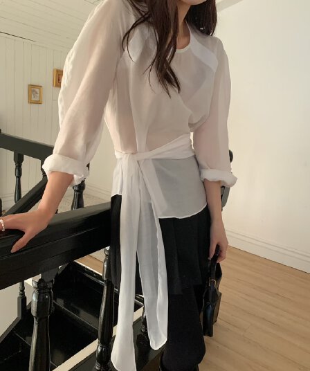 ins 프랑스식 부드러운 바람 플리츠 라운드 넥 리본 허리 수축 슬림해 보이는 마이크로 ~을 통해 긴팔 주간 실크 셔츠 둘 색상