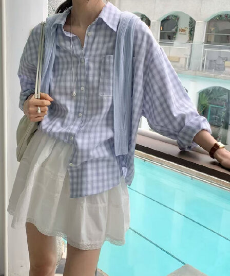 ins 프랑스식 느긋한 바람 품격 폴로 칼라 배색 체크무늬 루즈핏 다용도 긴팔 순면 셔츠 둘 색상