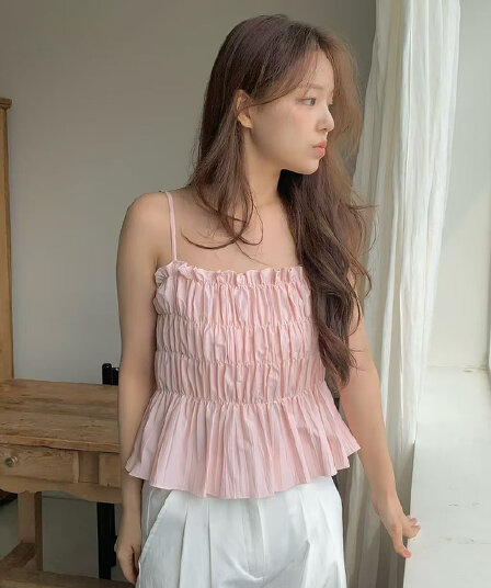 ins 프랑스식 부드러운 바람 프릴 주름 허리 수축 슬림해 보이는 플리츠 작은 키 쇼트 스타일 캐미솔 맨위