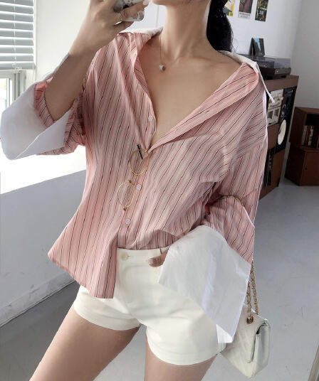 있음 선적 느긋한 캐주얼 바람 스트라이프 디자인 센스 배색 패치워크 폴로 칼라 루즈핏 다용도 긴팔 셔츠 삼색
