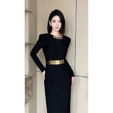 批发黑色轻奢高级感<b class='q'>职业装</b>连衣裙女春秋2025新款法式名媛气质礼服长裙