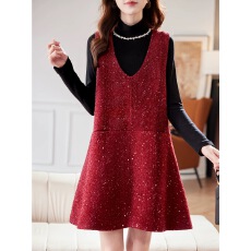 批发两件套打底小香风背心裙2025秋季气质亮丝新年红色连衣裙女