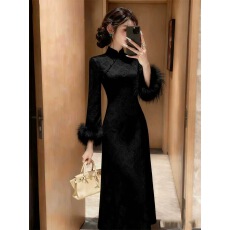 批发高级黑新中式旗袍<b class='q'>敬酒</b><b class='q'>服</b>加绒加厚订婚结<b class='q'>婚礼</b><b class='q'>服</b>裙女高级感回门<b class='q'>婚礼</b>