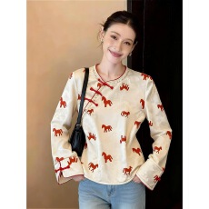 批发新中式圆领长袖印花衬衫女2026年春季超好看宽松时尚通勤风<b class='q'>上衣</b>潮