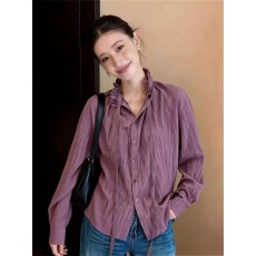 批发法式复古紫色木耳边系带<b class='q'>衬衫</b>女2026年春季长袖百搭气质减龄上衣