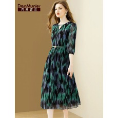 丹慕妮尔法式优雅印染雪纺连衣裙女2026春季新款七分袖收腰中长裙