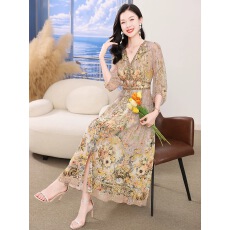 批发真丝连衣裙夏2026新款复古高级感重工烫钻印花裙桑蚕丝法式显瘦裙