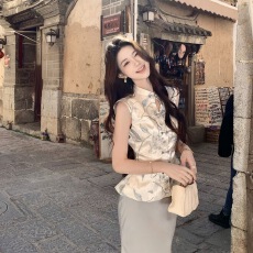 批发木子李的李【瓷纹织黛】春<b class='q'>夏</b>新中式气质风立领盘扣上衣半裙套装