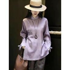 批发新中式风紫色立领盘扣长袖上衣女2026春季新款垂感气质高级感内搭