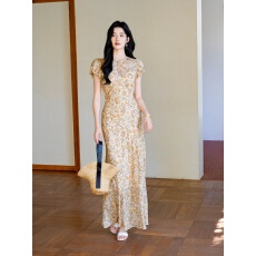 批发寄信“Floral Archive花的档案”天丝亚麻碎花<b class='q'>连衣裙</b>法式<b class='q'>修身</b>长裙