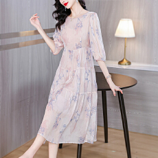 批发<b class='q'>桑蚕丝</b>长裙大摆<b class='q'>连衣裙</b>真丝灯笼袖新款飘逸女裙乔其纱粉色长裙