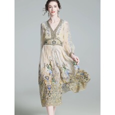 批发真丝<b class='q'>连衣裙</b>春夏2026新款高贵法式复古烫钻印花裙欧货<b class='q'>桑蚕丝</b>度假裙