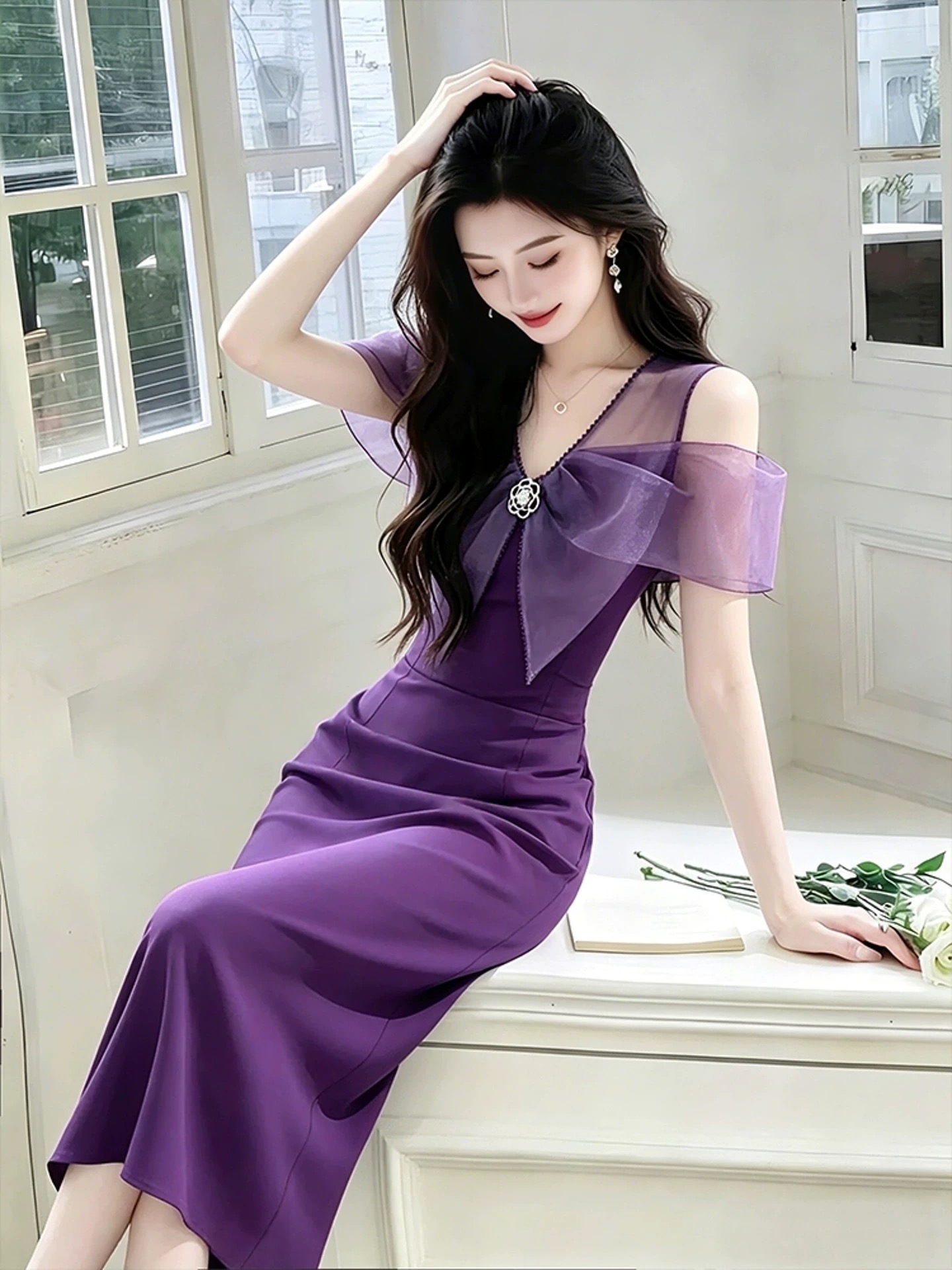 보라색 오프숄더 드레스 2026 여름 참석 중요 경우 고유 한 아름다운 고급 센스 프랑스식 꼬집기 허리 치마