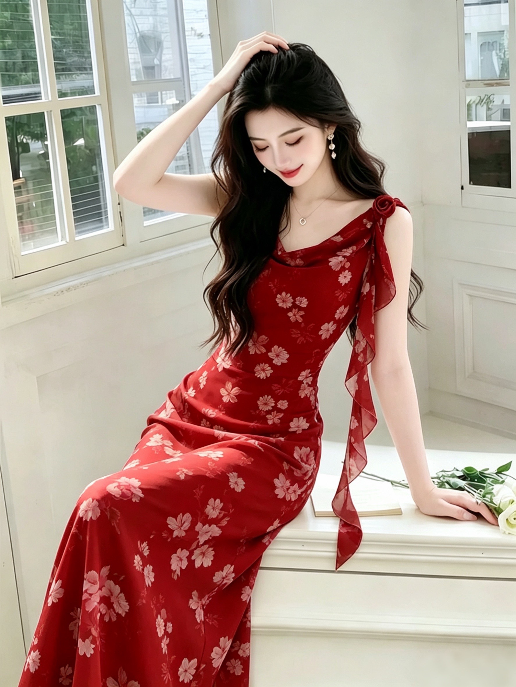 프랑스식 품격 레트로 빨간색 꽃무늬 캐주얼 여성 드레스 여름 새로운 민소매 허리 수축 슬림해 보이는 낭만주의 롱 스커트