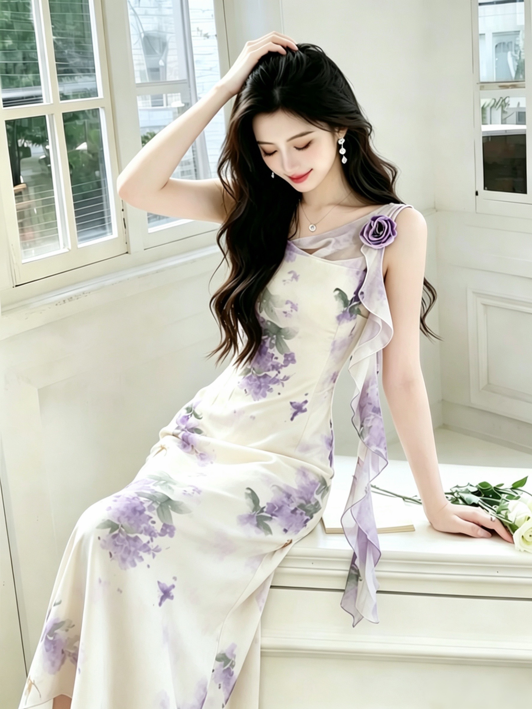 특별 아름다운 ~ 중 여성 드레스 2026 새로운 여름 프랑스식 부드러운 바람 흔들다 칼라 민소매 보라색 프린트 롱 스커트