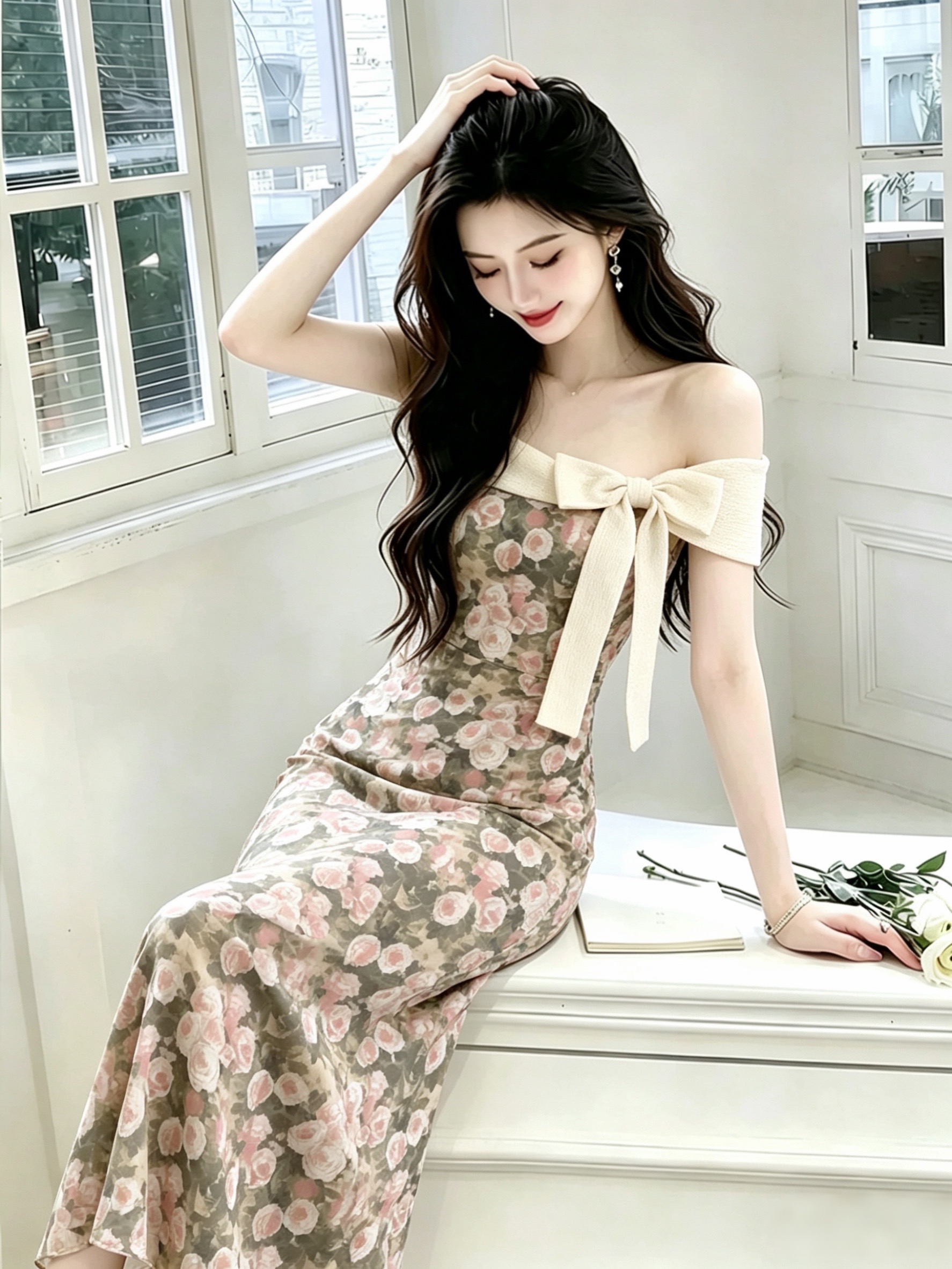 프랑스식 레트로 장미 꽃 오프숄더 여성 드레스 2026 여름 새로운 허리 수축 퍼프 스커트 한 마디 롱 스커트