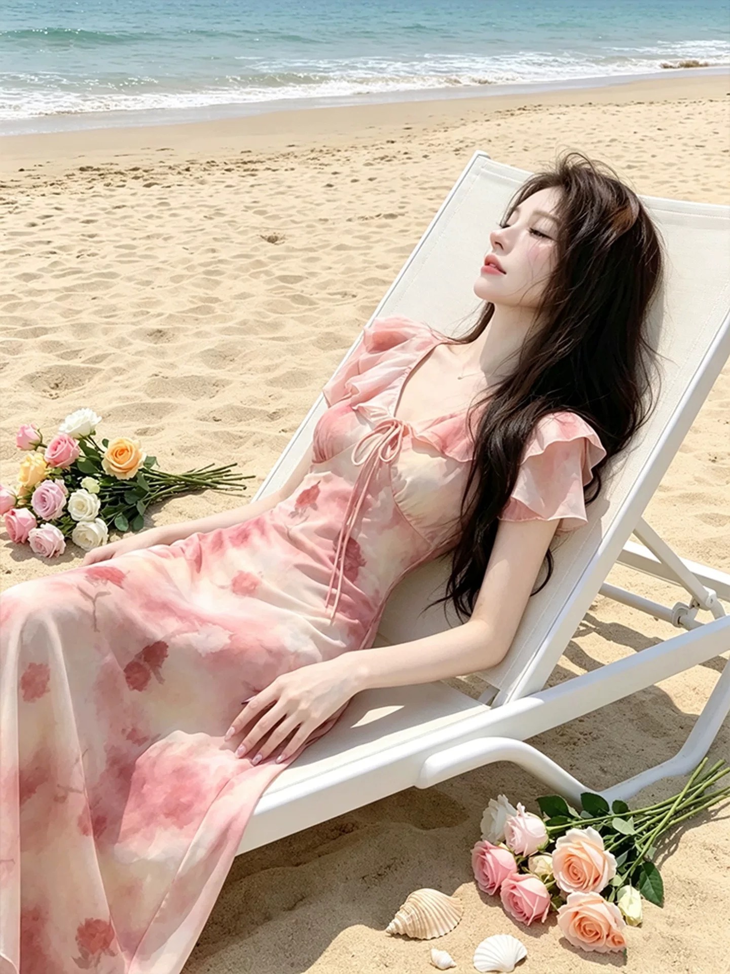 핑크색 프린트 드레스 2026 여름 폭발 해변가 휴가 바람 아름다운 아름다운 고급 센스 프랑스식 꼬집기 허리 치마
